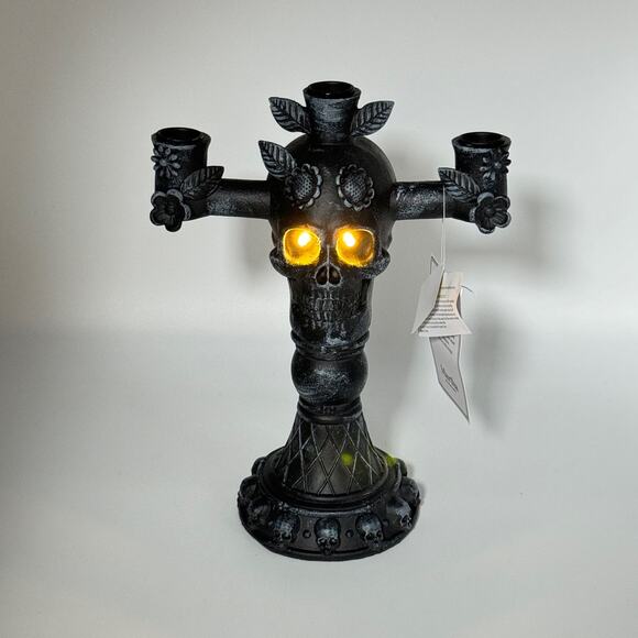 Martha Stewart Black Skull Candle Holder Candelabra LED Eyes Halloween Gothic - Picture 2 of 7